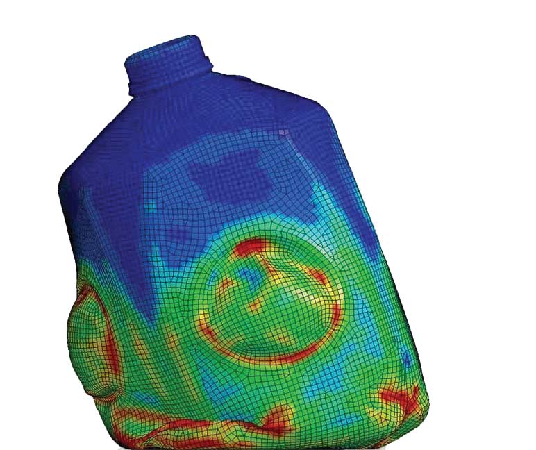 Drop testing simulation of a gallon-sized plastic milk jug model.